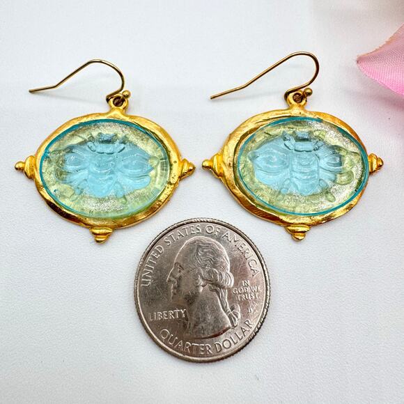 Susan Shaw Venetian Glass Bee Earrings In Aqua 24K Gold Plated Etruscan Style - Picture 9 of 13